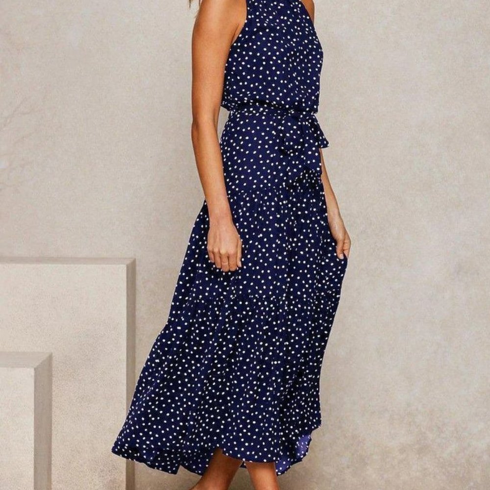 Ladies Blue Polka Dot Halter Neck Dress
